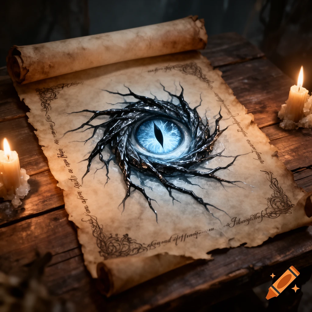 A glowing blue dragon's eye formed by black ice veins, drawn on an ancient scroll illuminated by two candles on a wooden table.