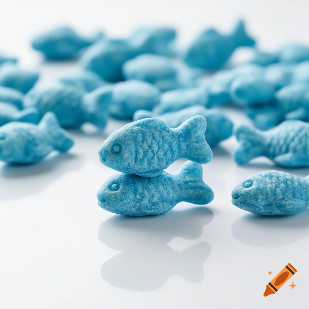 Close-up of numerous blue fish-shaped candies or crackers on a white surface.