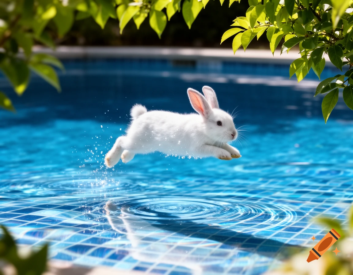 A white rabbit leaps over the bright blue water of a swimming pool, splashing. Green leaves frame the top.