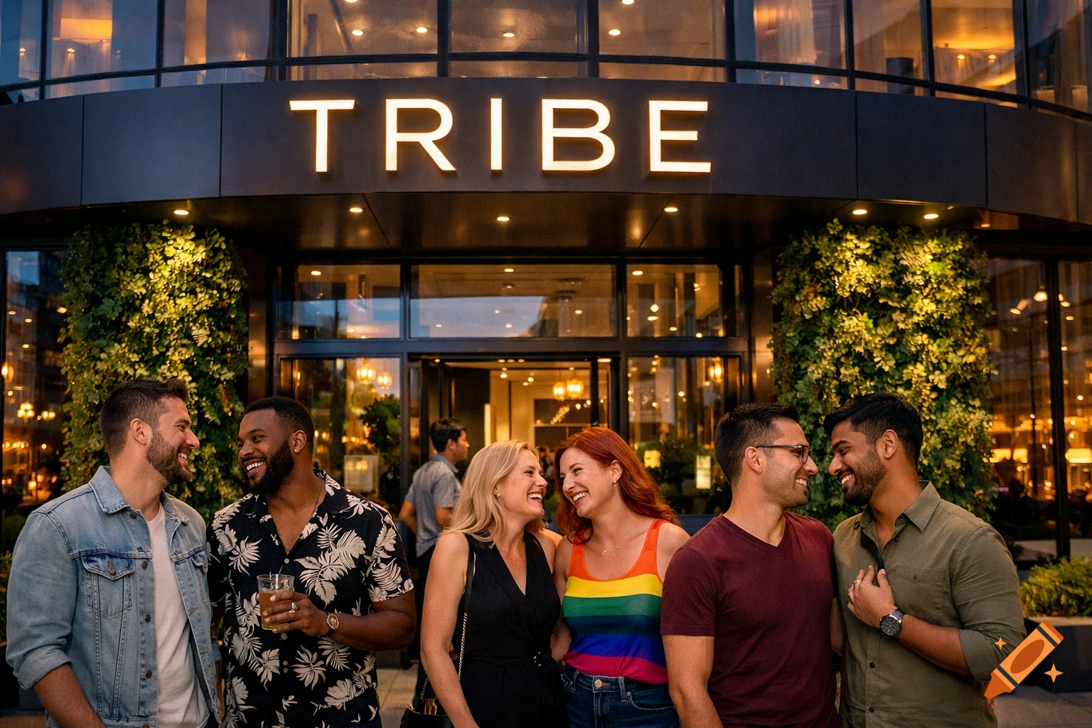 Diverse group of five people smiling and laughing in front of a modern building with a 'TRIBE' sign at dusk.