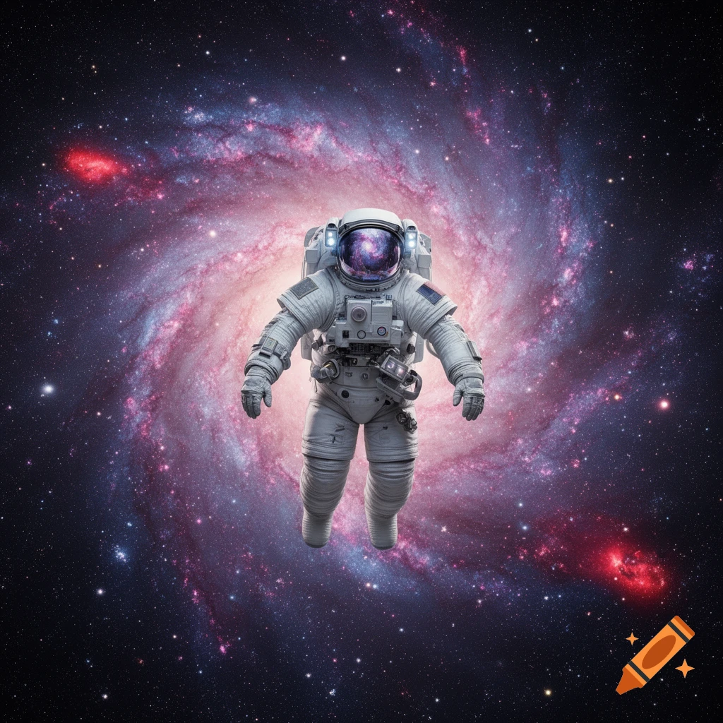 An astronaut floats in front of a vibrant spiral galaxy filled with stars and nebulae.