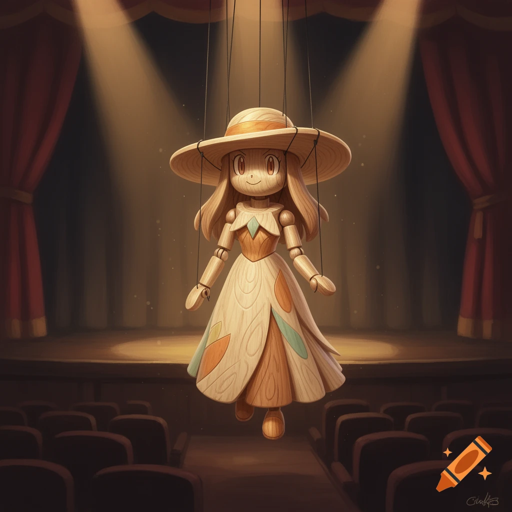 A wooden marionette puppet, resembling Lillie from Pokemon, floats on a dimly lit theater stage with red curtains.