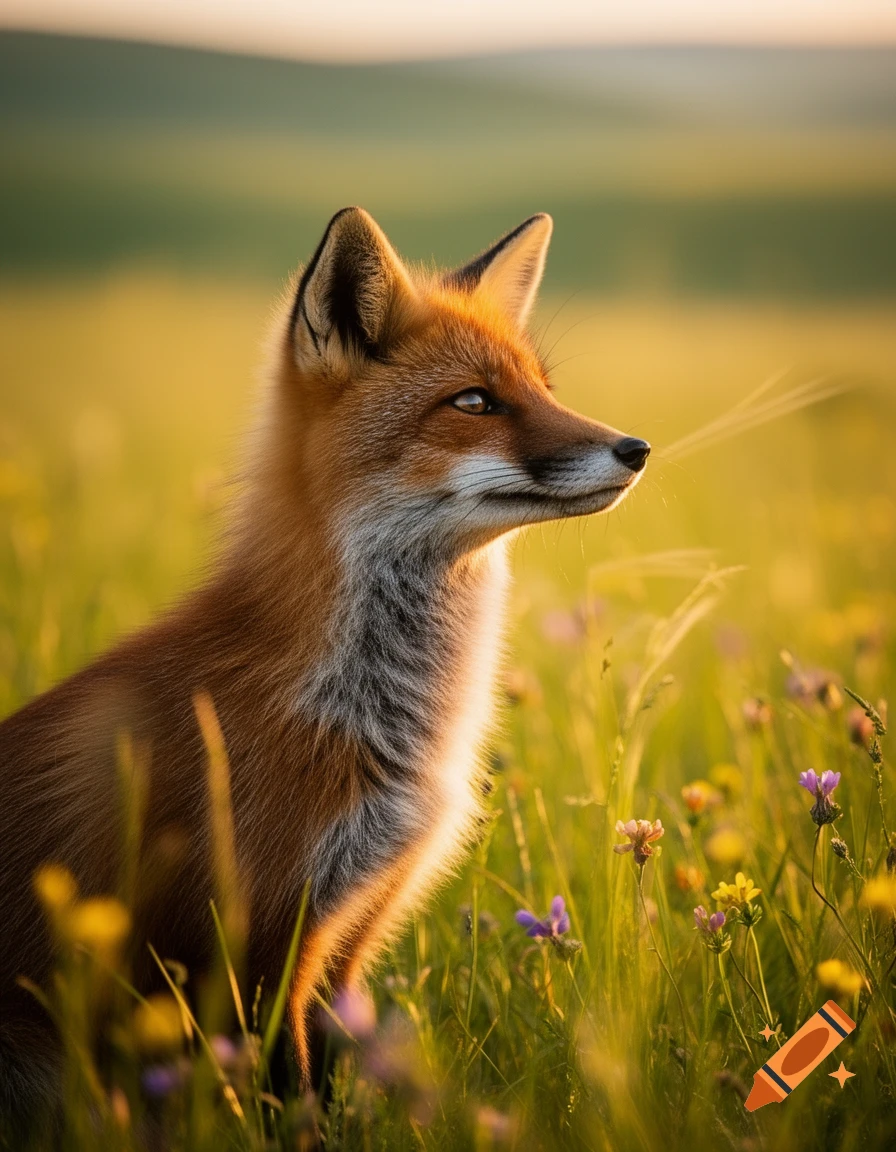 A red fox with golden fur and white chest sits in a sunny field of green grass and wildflowers, looking to the right.
