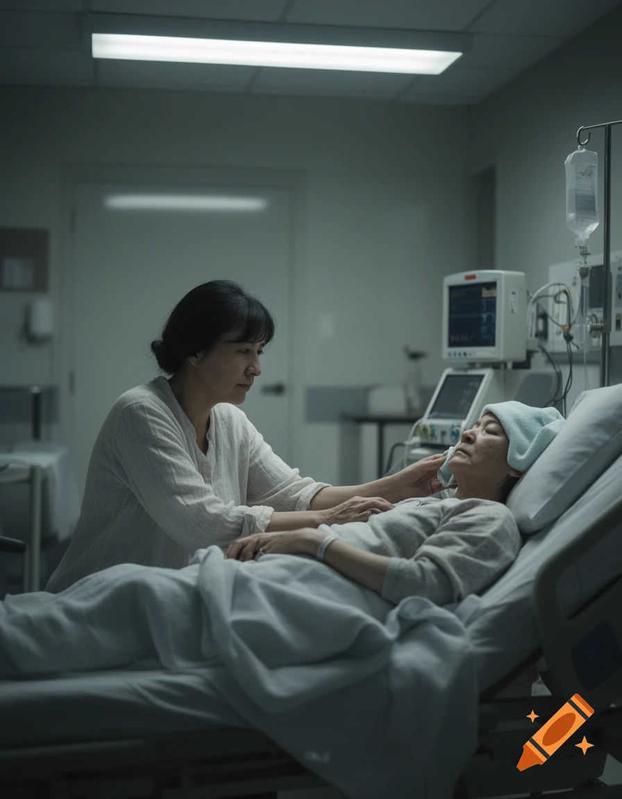 A caregiver sits beside a patient in a hospital bed, gently touching their forehead with a cool cloth, in a photorealistic style.