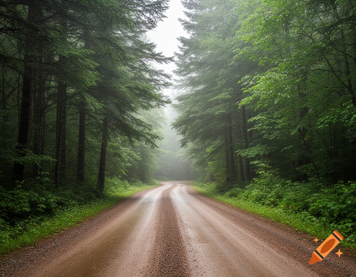 A dirt road winds through a lush, misty forest, with tall evergreen trees lining both sides. Photorealistic.