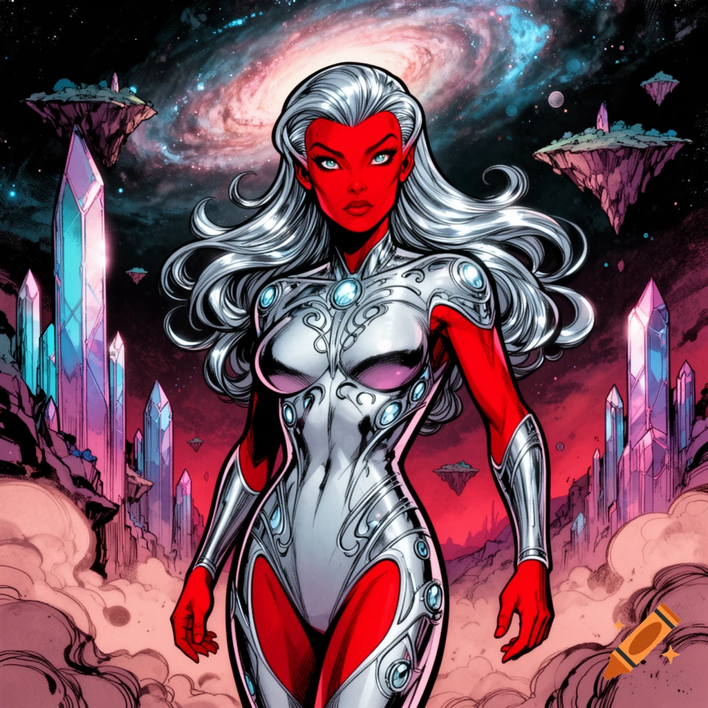 Comic art of a red-skinned female alien with silver hair in a silver suit, standing in a cosmic landscape with crystals and a galaxy.