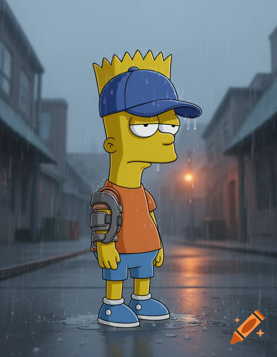 Cartoon Bart Simpson standing sadly on a wet street in the rain, wearing a blue cap and a shoulder brace.