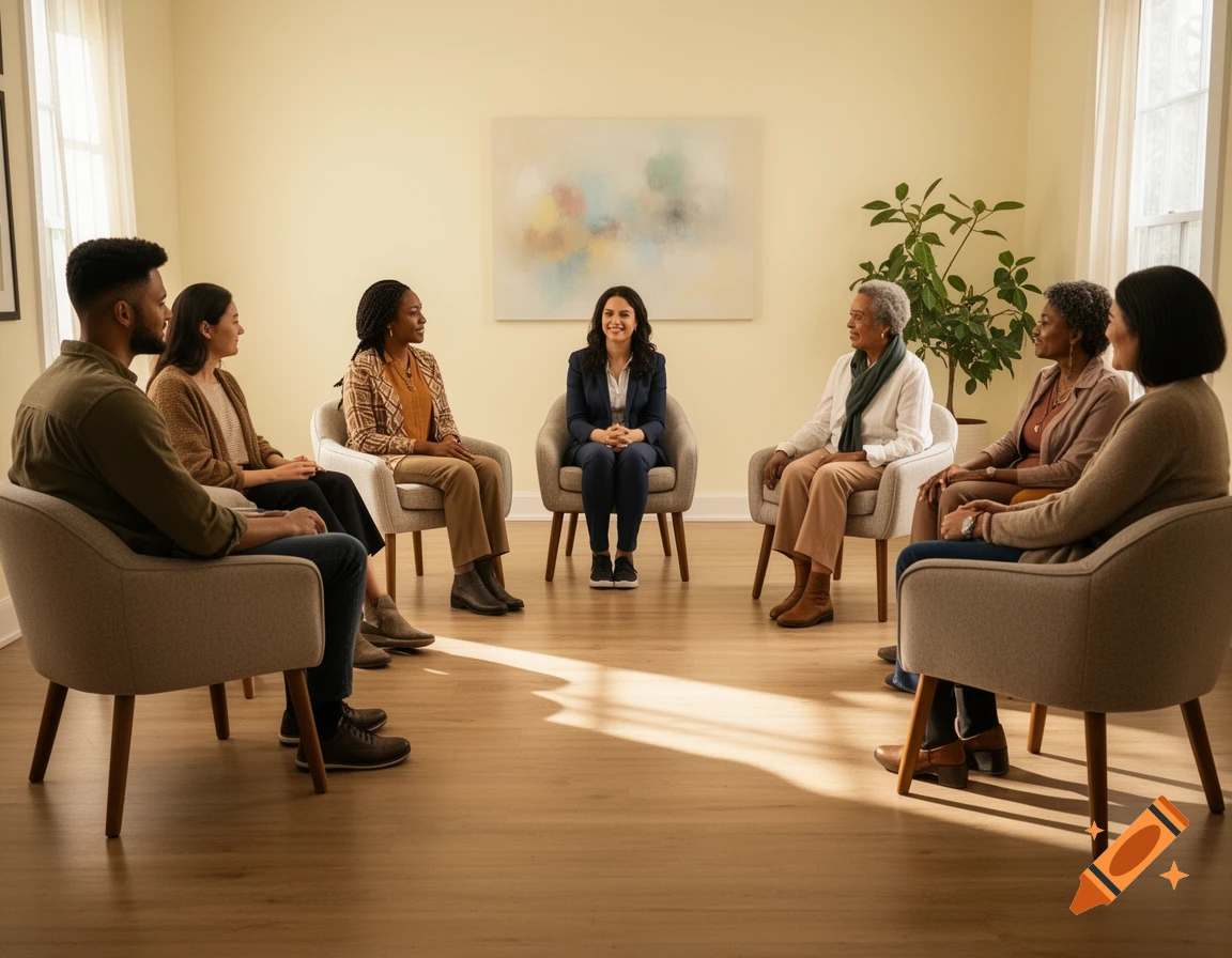 A diverse group of seven adults sits in a chair circle in a brightly lit room, engaged in a discussion.
