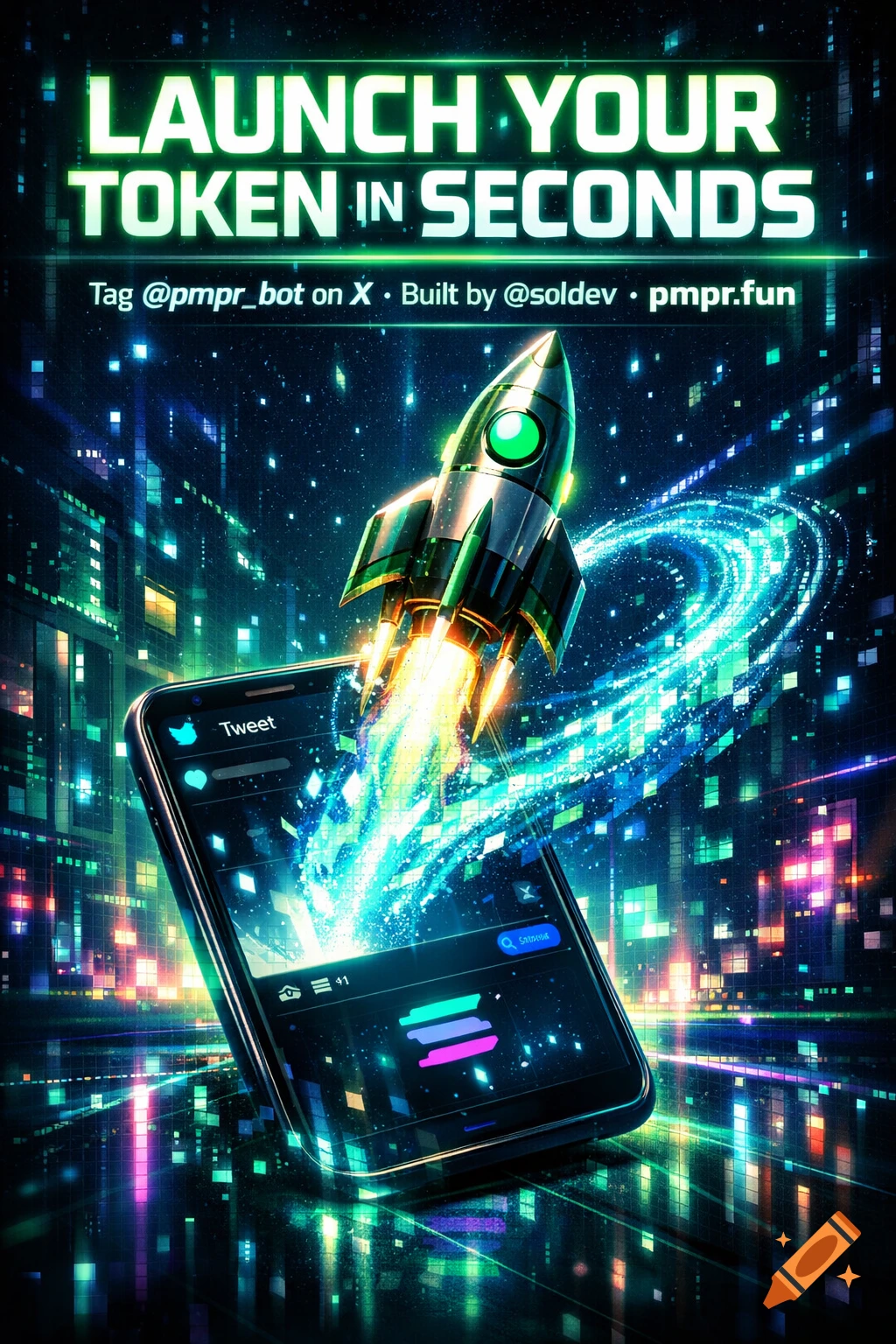 A cyberpunk-style advertisement with a rocket launching from a phone screen amidst glowing data lines, promoting a crypto token.