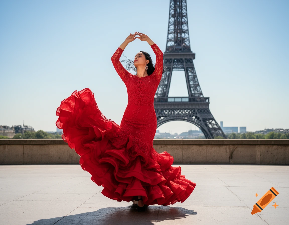 A woman in a vibrant red flamenco dress dances in front of the Eiffel Tower under a clear blue sky.