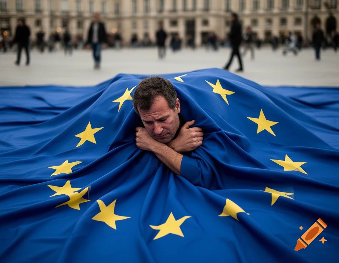 A distressed man is entangled and partially covered by a large European Union flag in a public square.