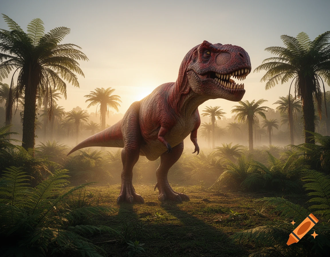 Photorealistic T-Rex dinosaur standing in a misty prehistoric jungle with palm trees at sunrise.