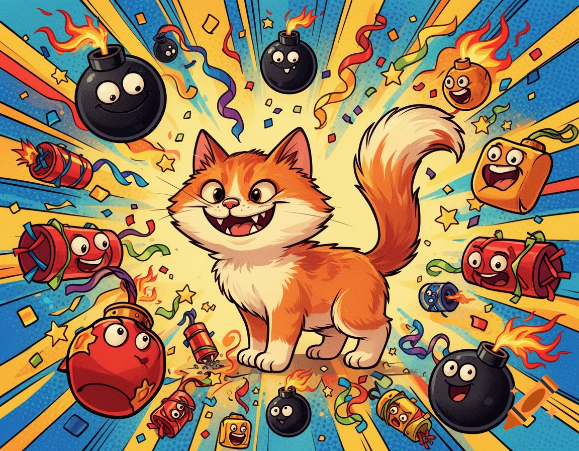 A happy orange and white cartoon cat surrounded by smiling bombs, firecrackers, confetti, and stars on a vibrant comic-style background.