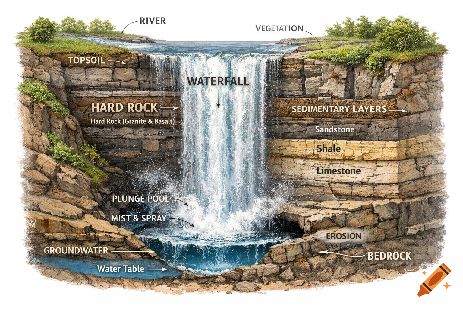 A detailed cross-section diagram of a waterfall, labeling geological layers and features like river, hard rock, sedimentary layers, plunge pool, and groundwater.