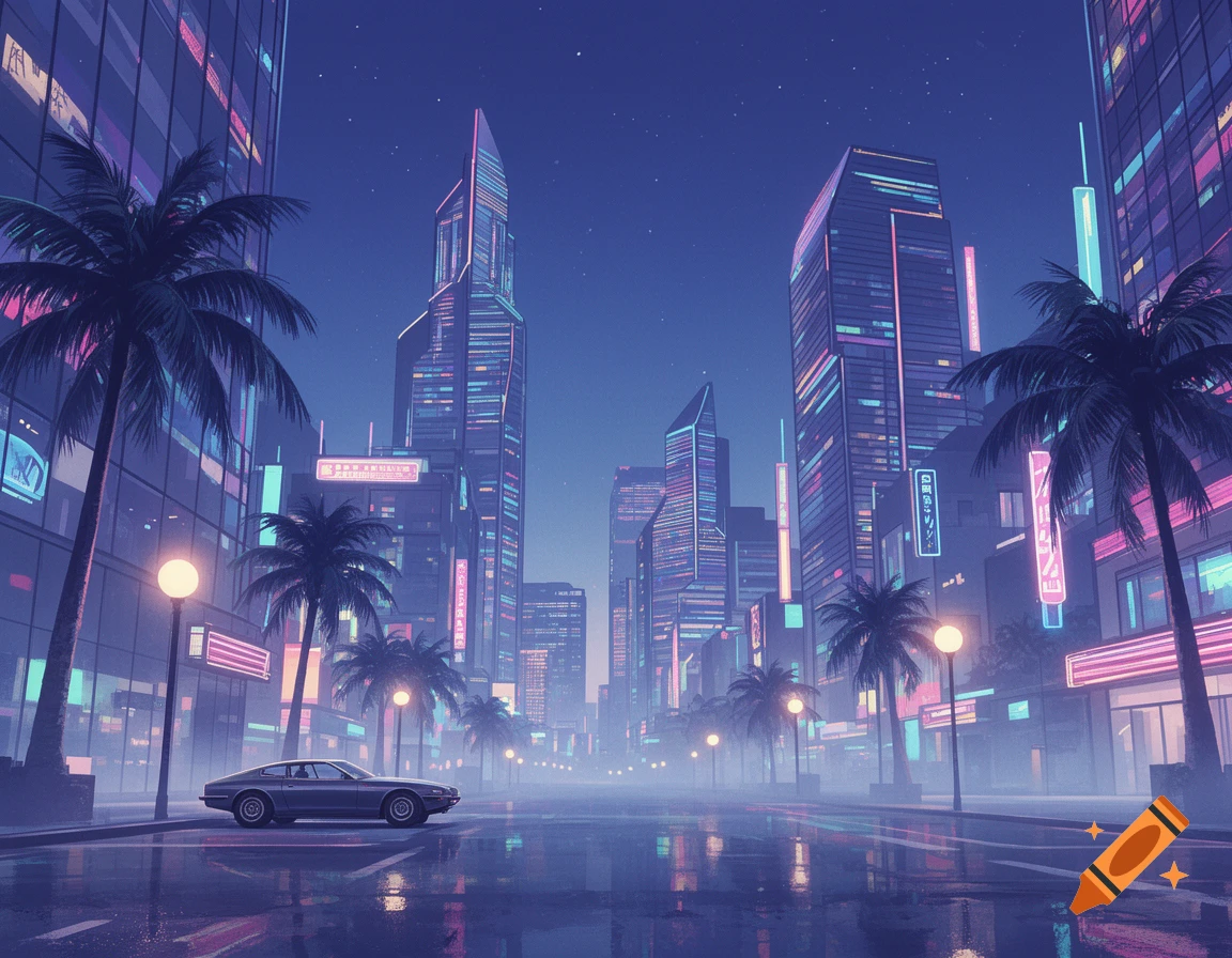 A stylized night cityscape with neon-lit skyscrapers, palm trees, and a retro car on a wet street, reflecting colorful lights.