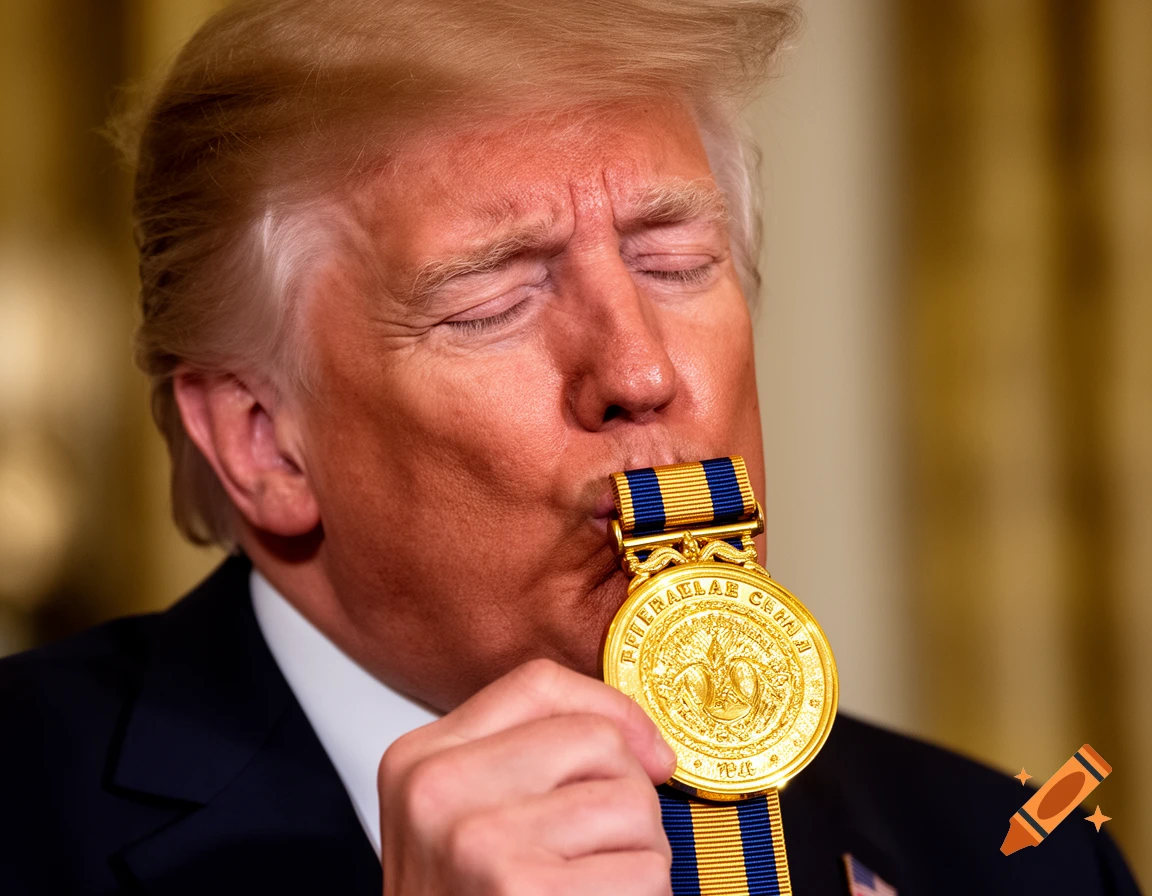 Close-up of Donald Trump, eyes closed, kissing a gold medal with a blue and gold striped ribbon.