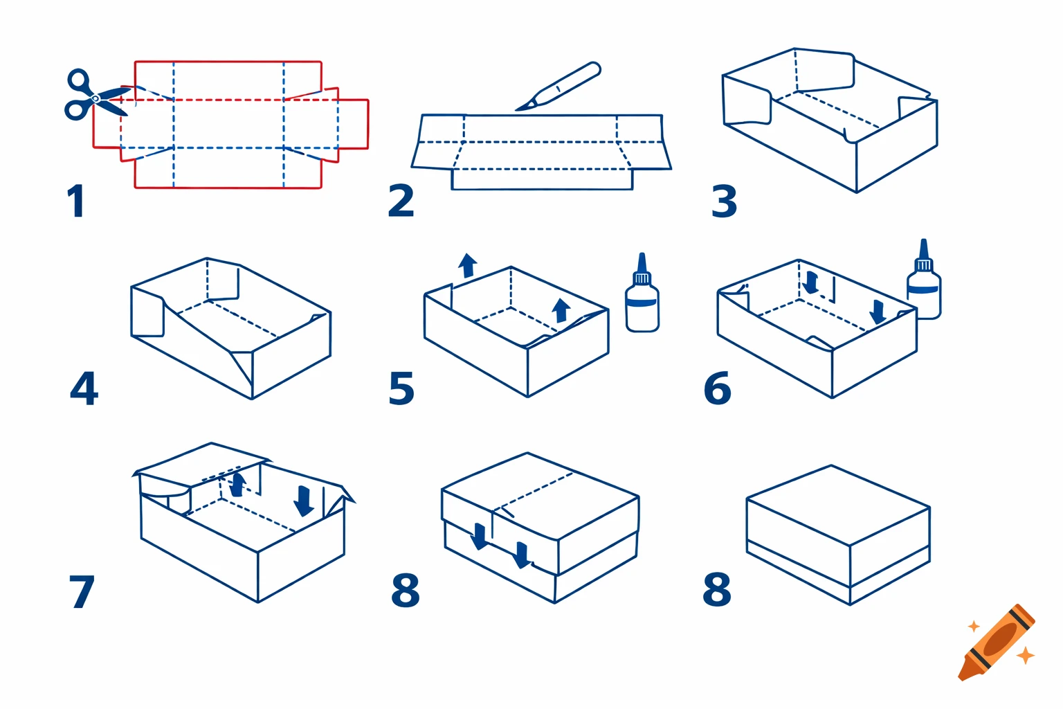 Minimalist IKEA-style instruction diagram showing 8 steps to assemble a cardboard box from a flat template.