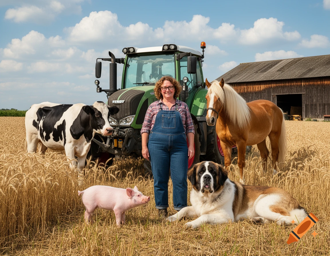 A farmer with a cow, pig, horse, and St. Bernard dog in a field with a green Fendt tractor and barn.