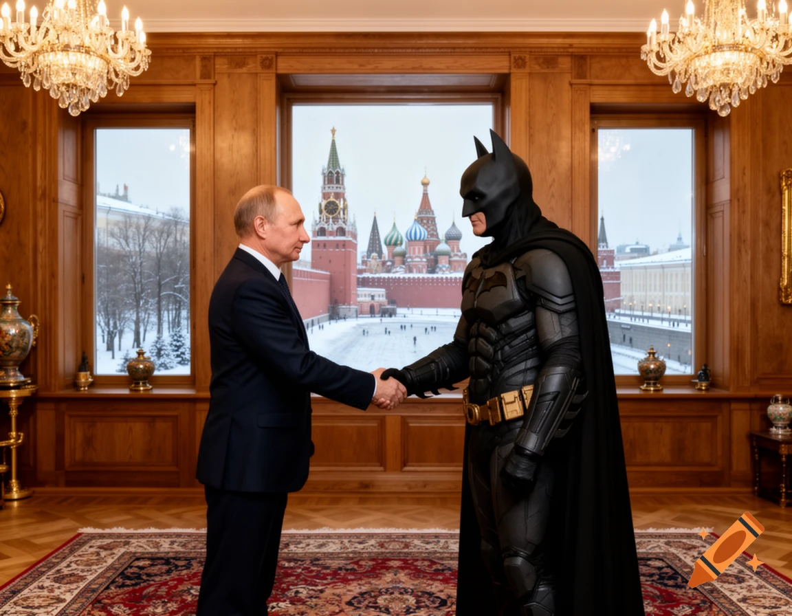 Photorealistic image of Vladimir Putin shaking hands with Batman in a luxurious room overlooking the snow-covered Kremlin.