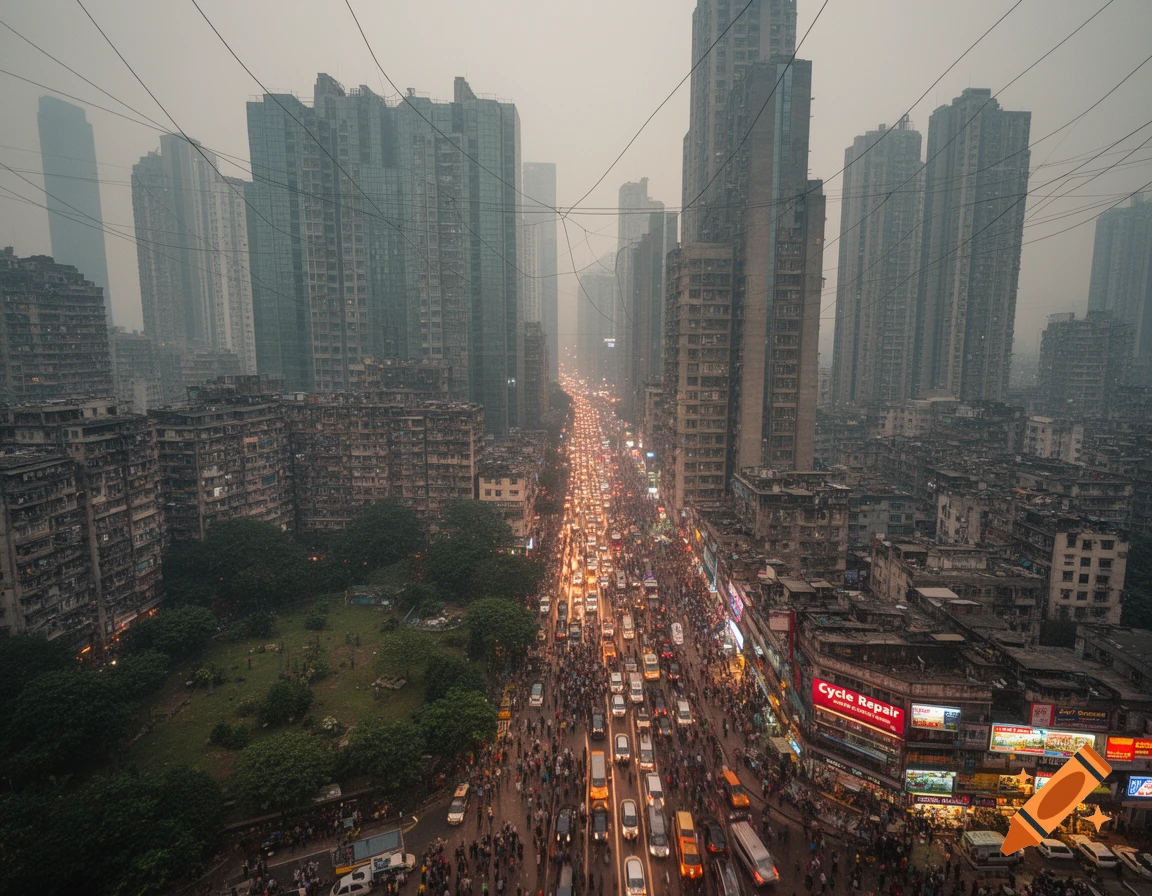 An aerial view of a densely populated city street at dusk, packed with vehicles and people, surrounded by numerous high-rise buildings under a hazy sky.