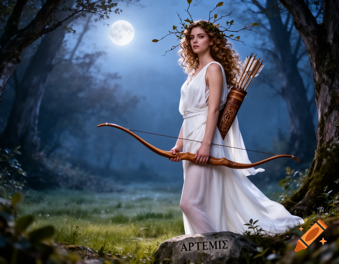 A woman resembling Artemis stands in a misty forest at night, holding a bow and quiver, with a full moon overhead. Photorealistic style.