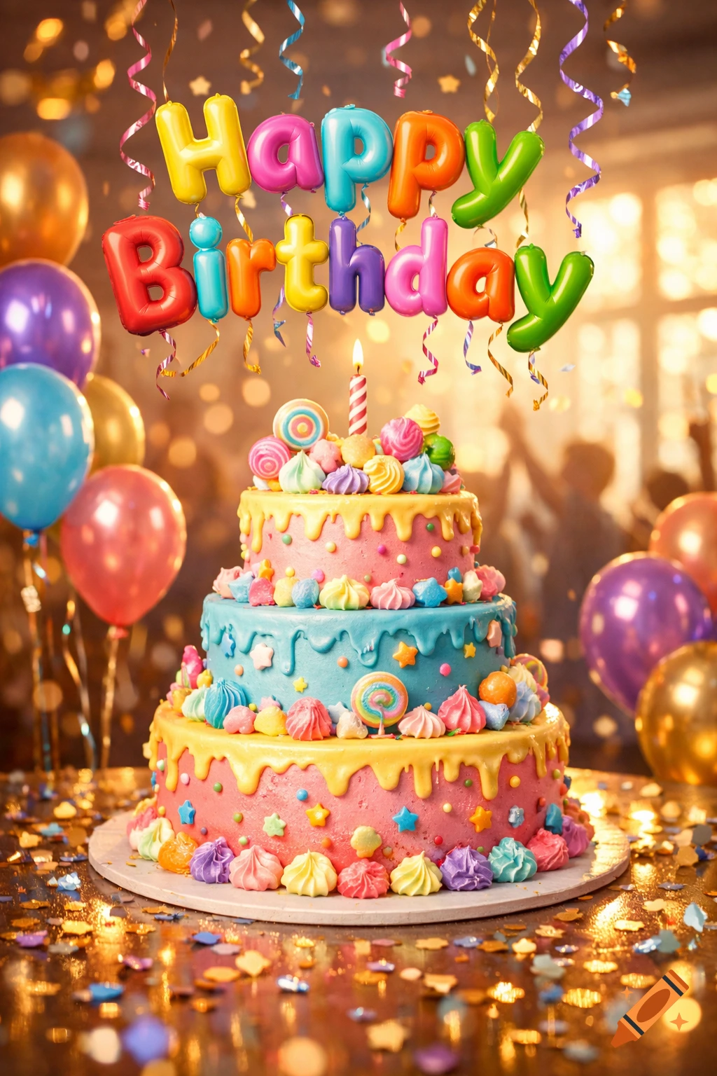 A vibrant three-tiered birthday cake adorned with candies, meringues, and a lit candle, surrounded by balloons and confetti, with "Happy Birthday" balloon letters floating above.
