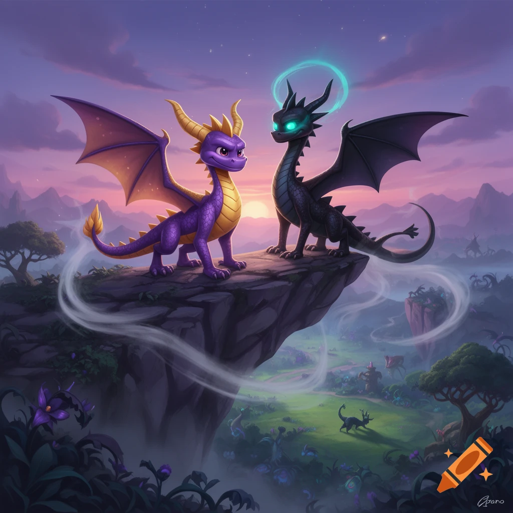 Purple dragon Spyro and black dragon Cynder stand on a cliff, looking at each other over a vibrant, mystical valley at sunset.