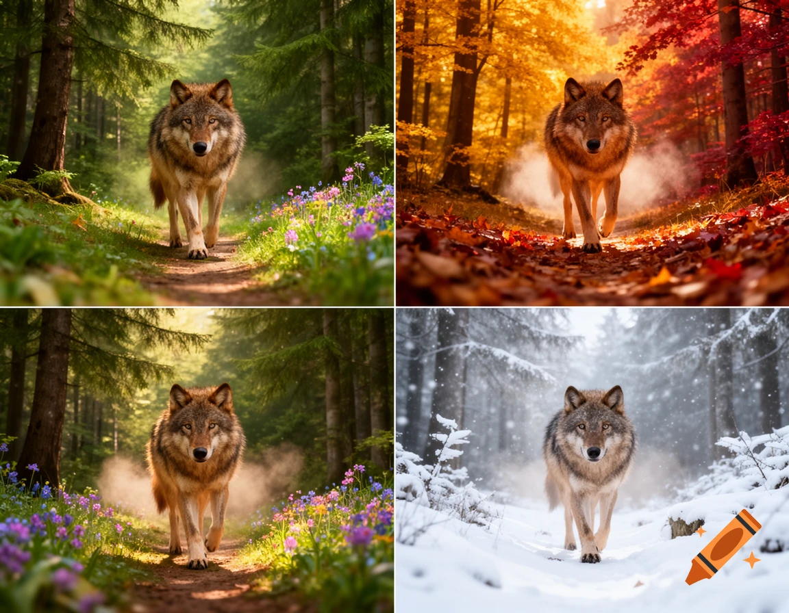 A photorealistic wolf walks through a forest, shown in four panels depicting summer, autumn, spring, and winter scenes.