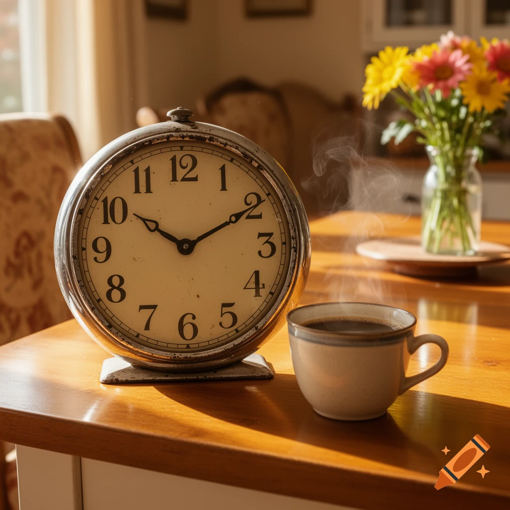 A vintage alarm clock and a steaming cup of coffee sit on a sunlit wooden table with flowers in the background.