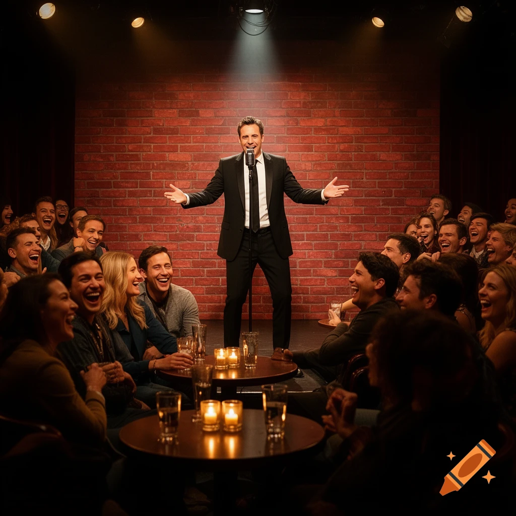 Photorealistic image of a male comedian on stage, gesturing to a laughing audience in a dimly lit comedy club.