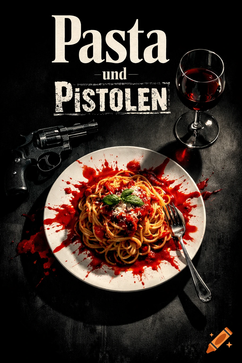 A dark, top-down still life with spaghetti, blood-like red sauce, a revolver, and a glass of red wine, with 'Pasta und Pistolen' text.