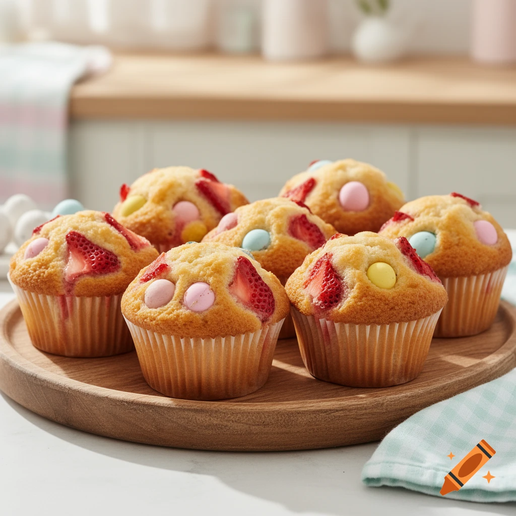 Seven vanilla muffins topped with sliced strawberries and colorful mini egg candies, arranged on a wooden tray in a kitchen setting.