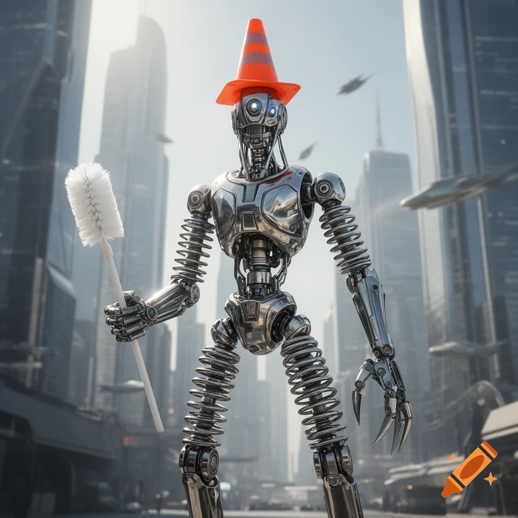 A metallic robot with spring arms and legs, long claw hands, wearing an orange traffic cone, holding a toilet brush in a futuristic city.