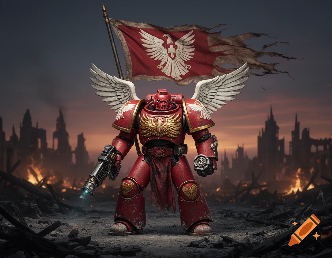 A red armored warrior with white wings and a gun stands in a ruined city under a tattered red flag with a white eagle emblem.