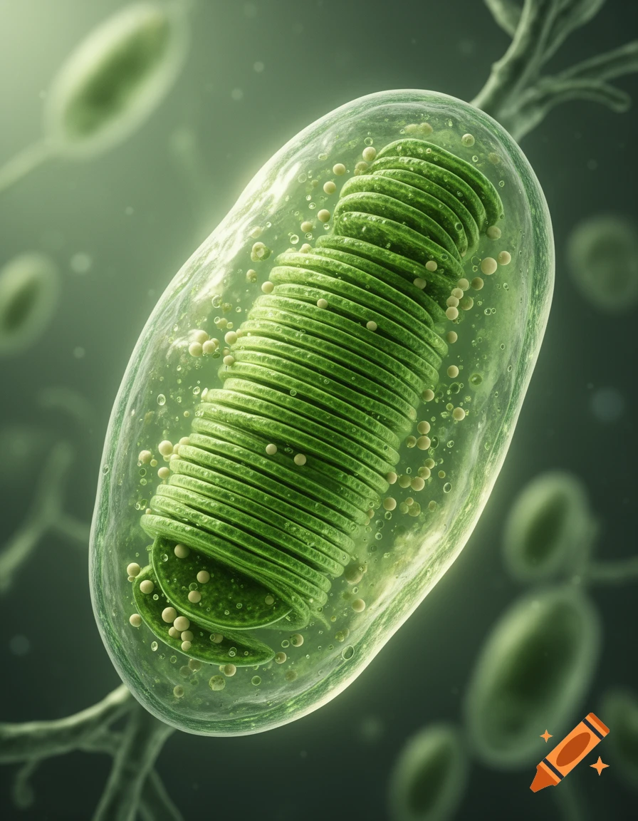 A detailed, photorealistic microscopic illustration of a chloroplast, showing stacks of internal membranes and granules within a clear cell wall, against a blurred green background.