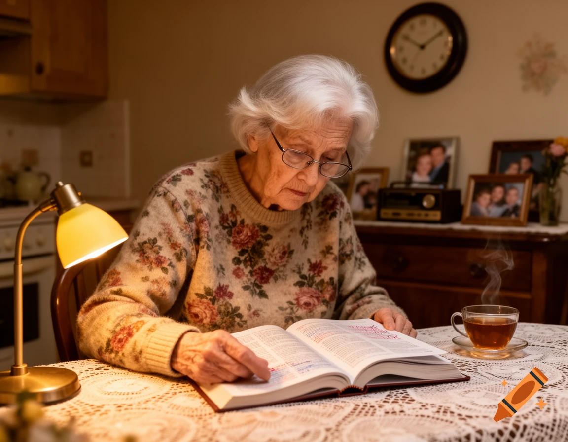 An elderly woman with white hair and glasses reads a book at a table under a lamp, with a steaming cup of tea nearby.