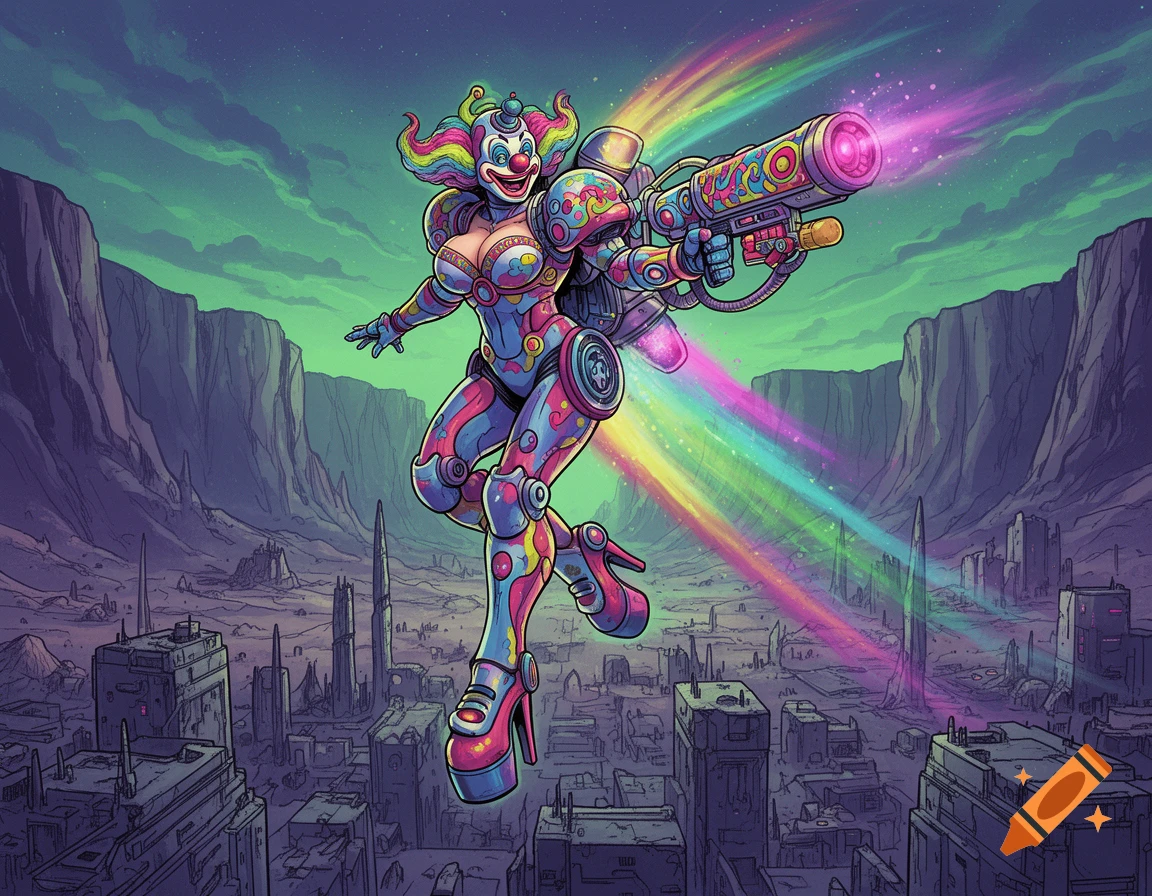 A colorful female space clown in heavy power armor with a jetpack and pulse cannon flies over an alien city wasteland, comic art style.