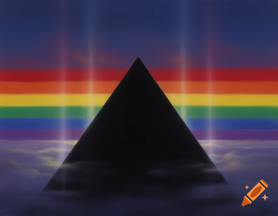 A black pyramid emerges from clouds, silhouetted against a dark blue sky with a horizontal rainbow and two vertical light beams.