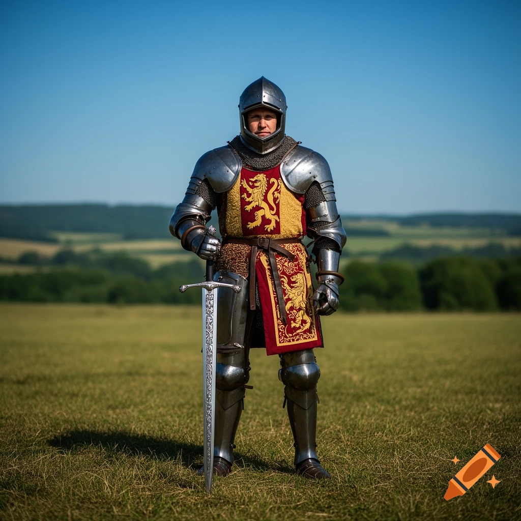 Photorealistic knight in full plate armor with a red and gold tunic, standing in a grassy field, holding a sword.