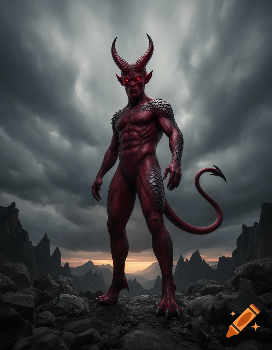A muscular red devil with horns and glowing red eyes stands on a rocky, desolate landscape under a stormy sky.