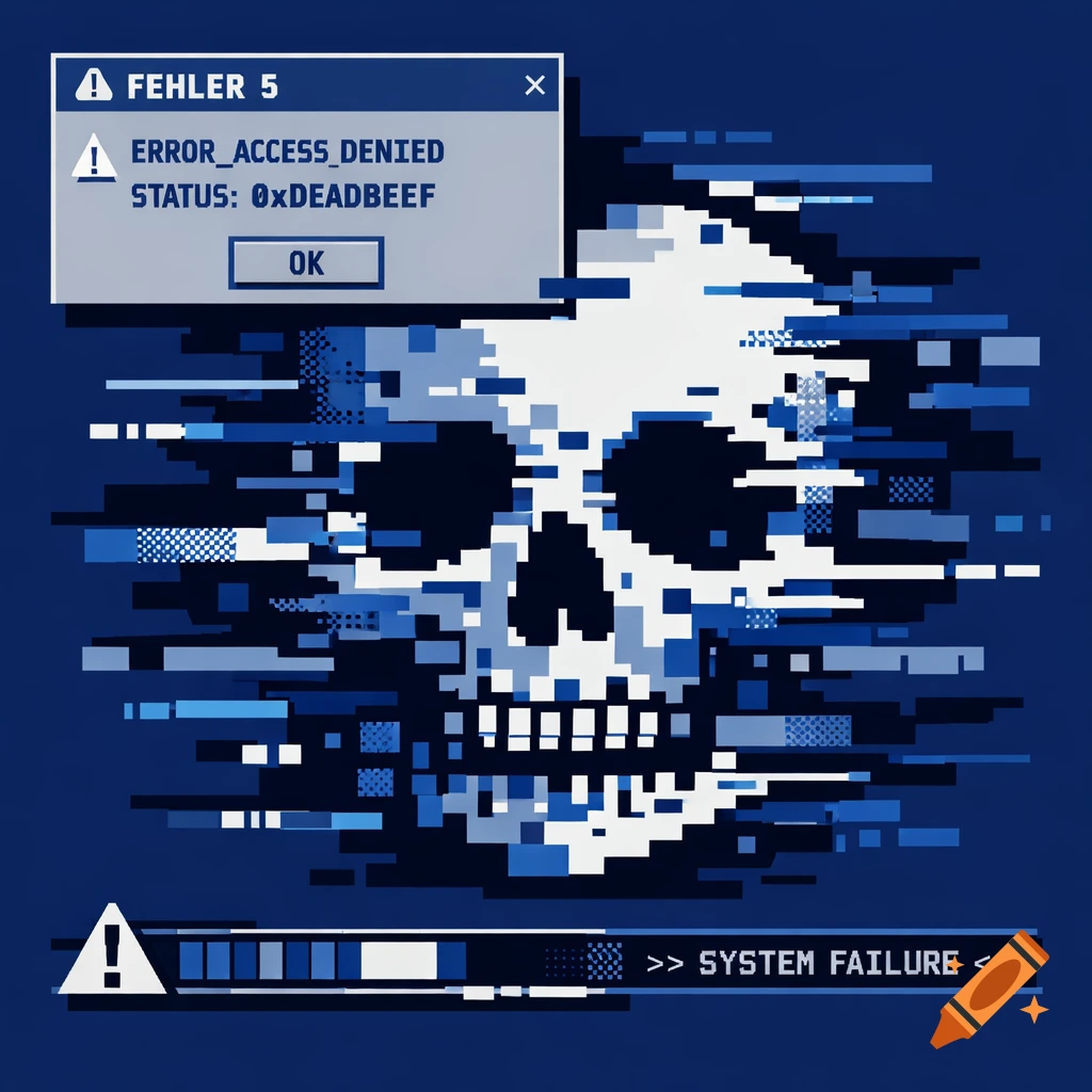 A pixelated skull with digital glitch effects and system error messages on a dark blue background.