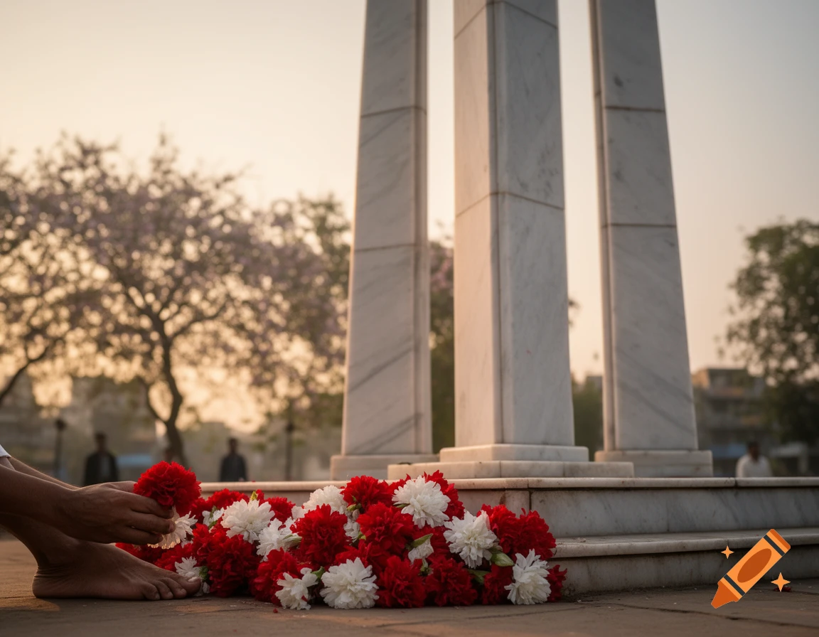 Bare feet place red and white flowers at the base of a marble monument at dawn, a serene memorial scene.