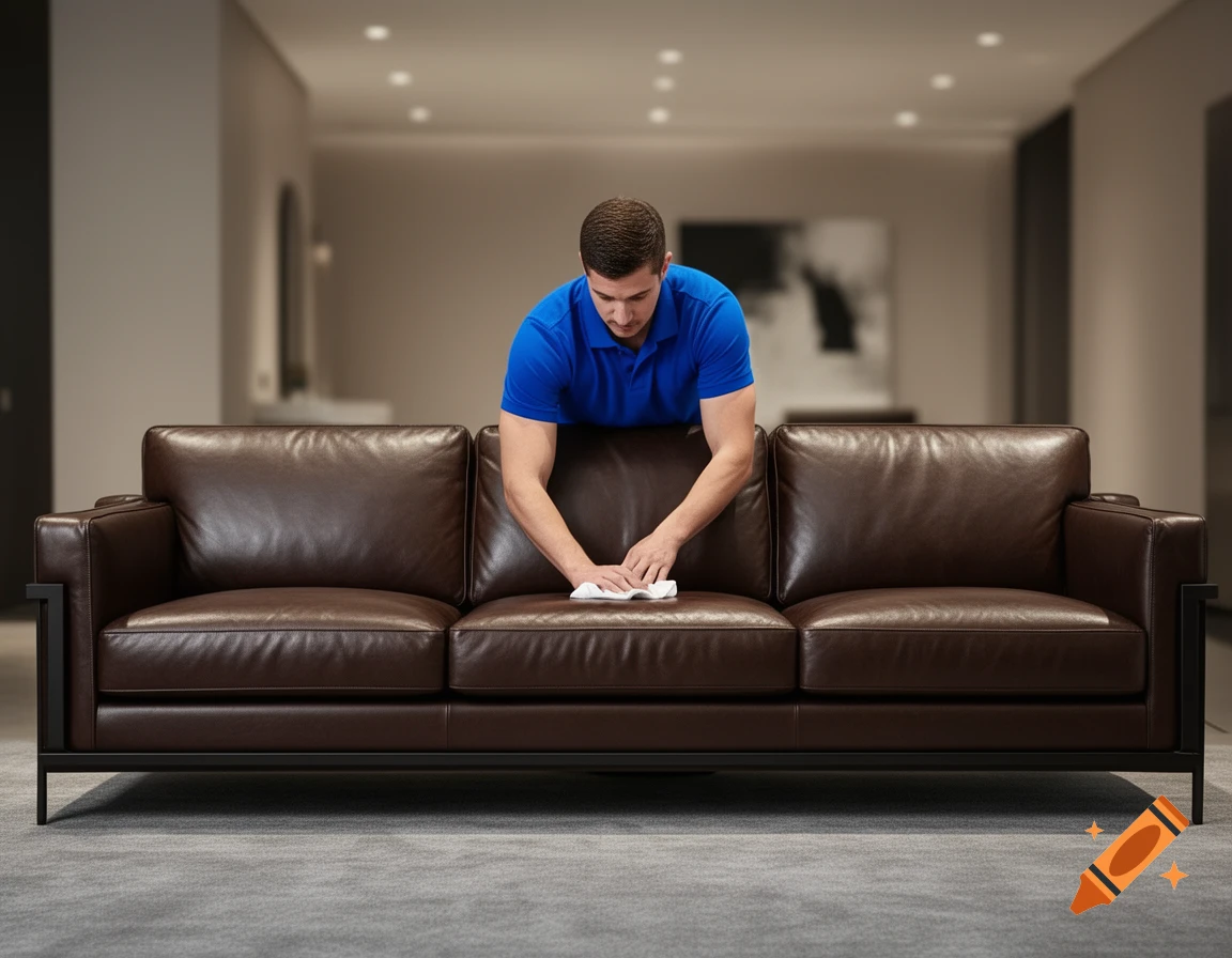 A man in a blue polo shirt is wiping down a brown leather couch in a modern living room. Photorealistic style.