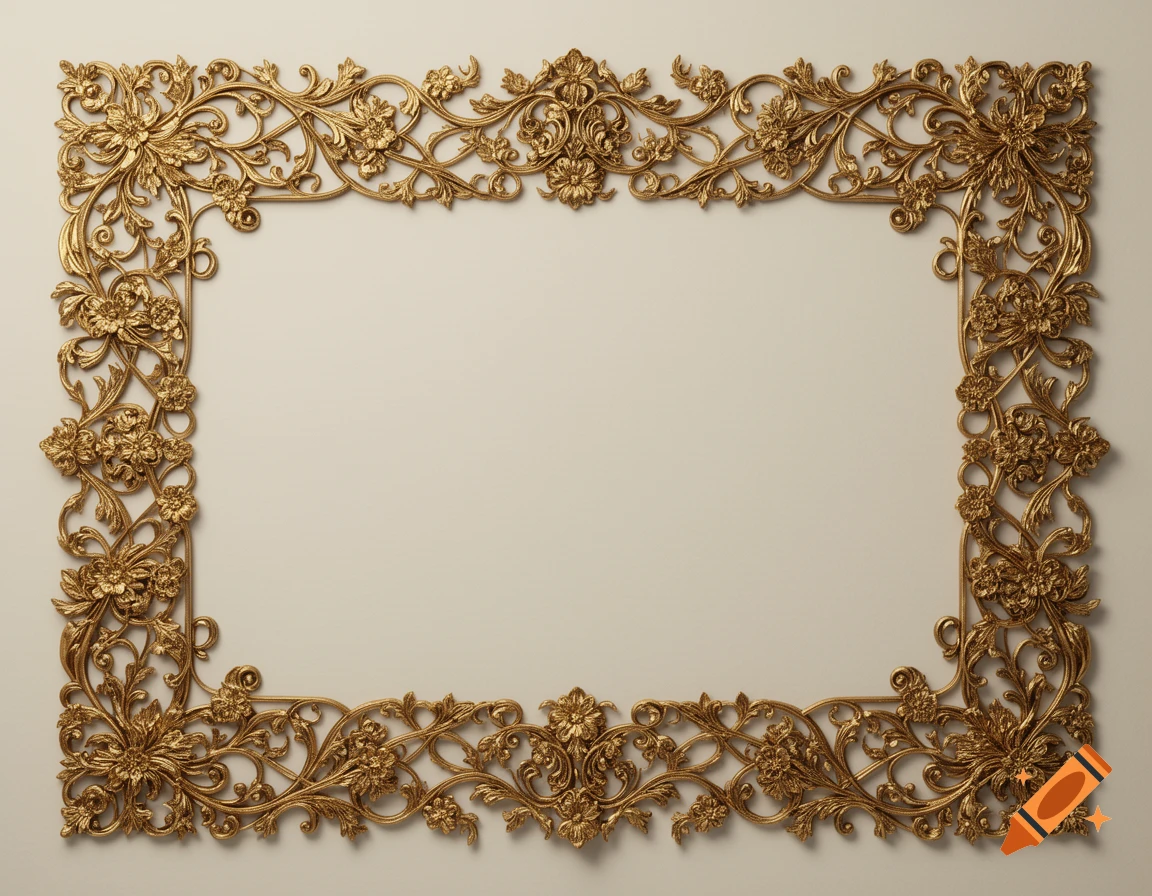 An ornate gold frame with intricate floral and scrollwork designs against a light background.