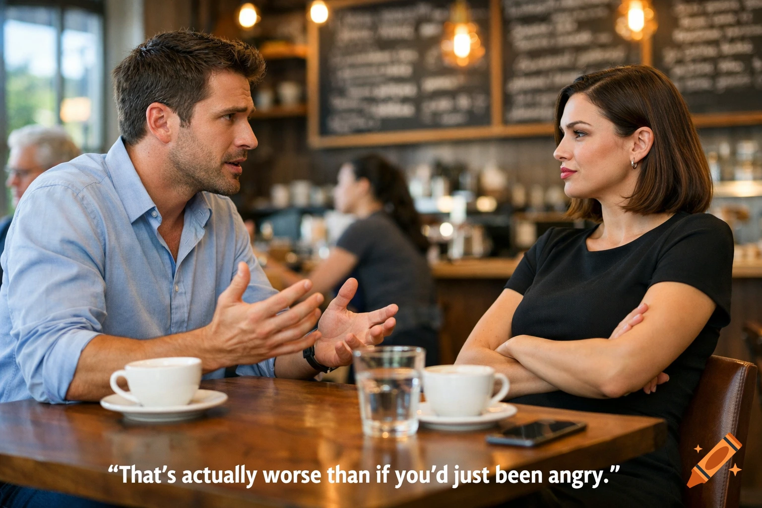 A man and a woman in a cafe having a serious conversation, the man gesturing while the woman listens with arms crossed.