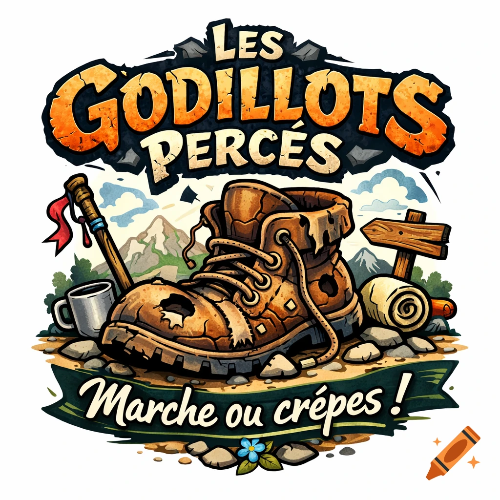 Cartoon logo with a worn-out brown hiking boot, walking stick, and mountains. Text: 'Les Godillots Percés' and 'Marche ou crêpes !'