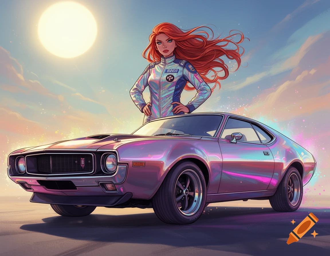 A red-haired woman in a futuristic racing suit stands next to a shiny pink classic muscle car under a vibrant sky, in an illustrated style.