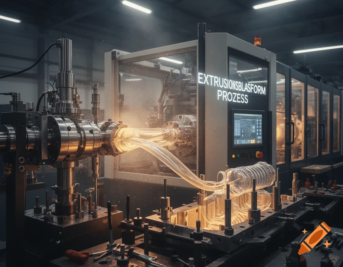 Industrial machine in a factory shaping molten plastic into bottles using an extrusion blow molding process, lit by warm glows.