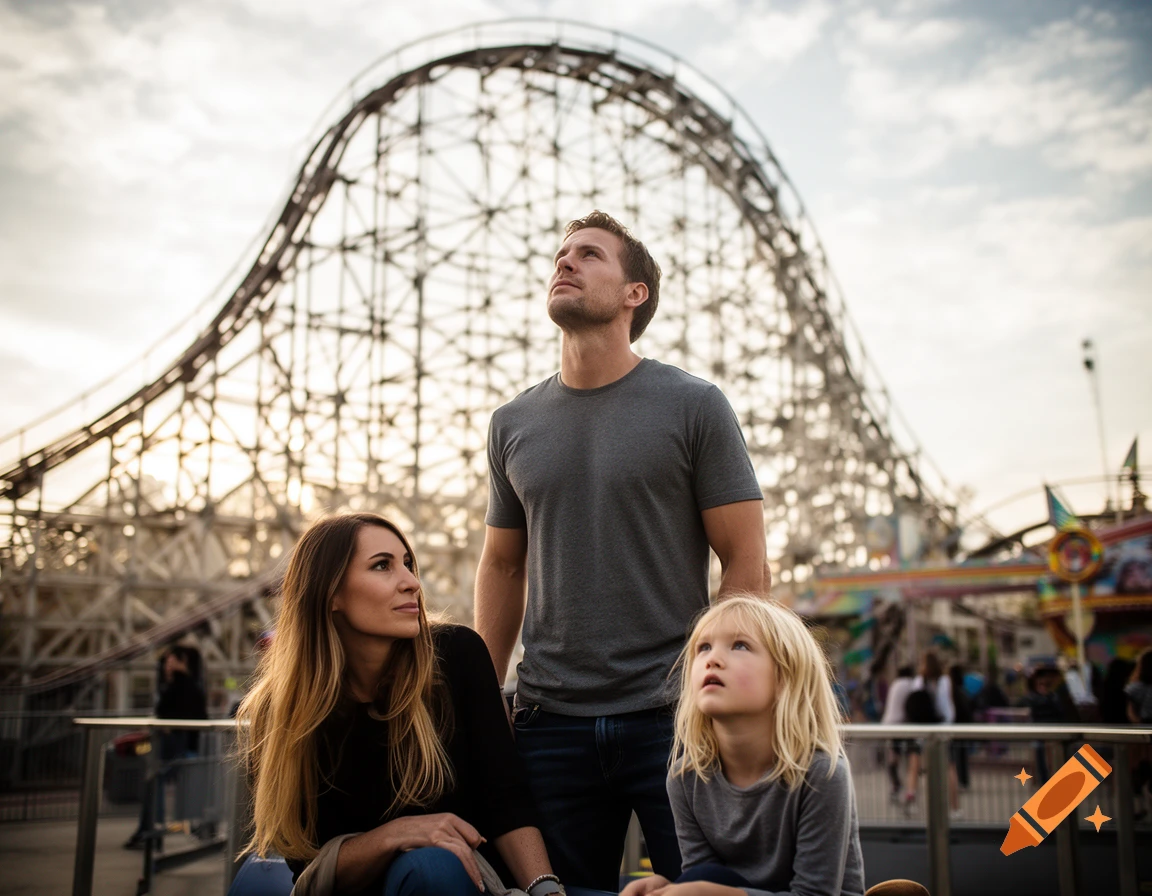 A man looks up at a rollercoaster while a woman and a child sit below, all observing with interest at an amusement park at sunset. Photorealistic.