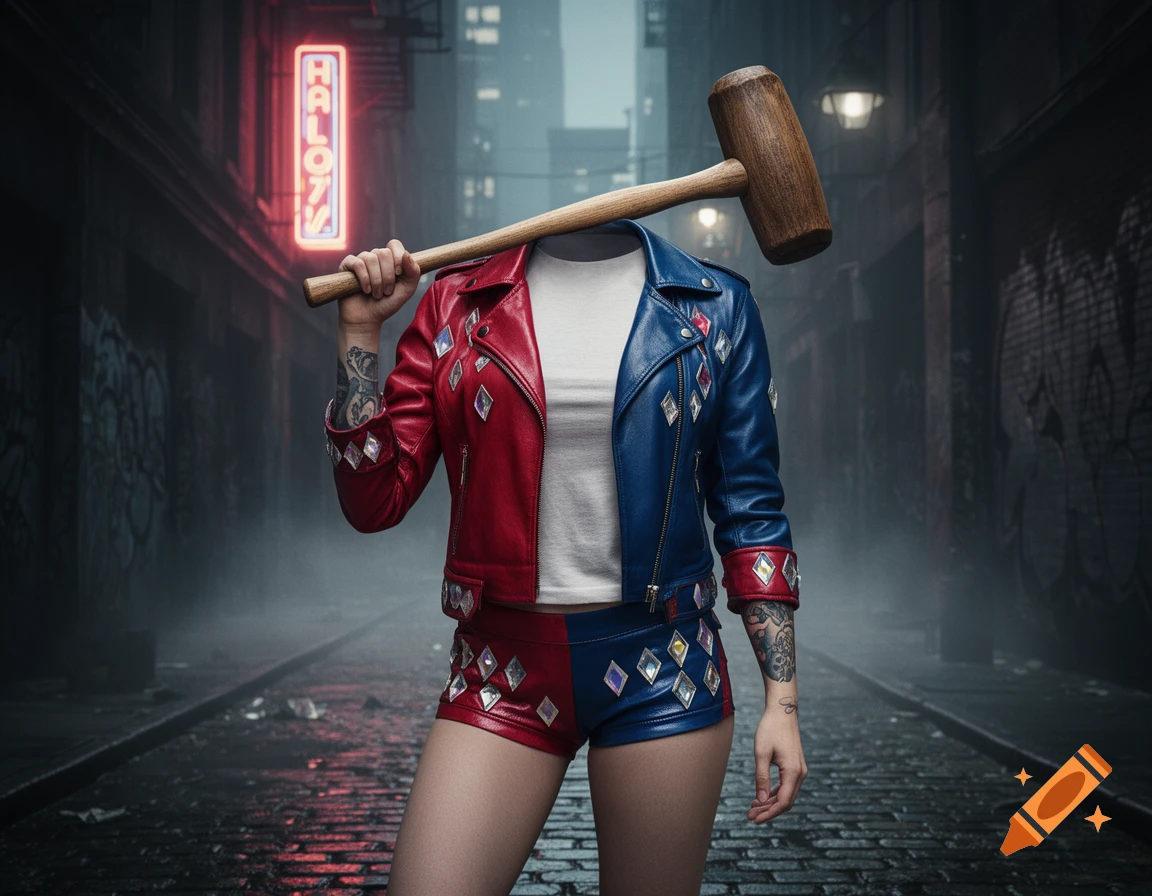 A headless figure dressed in a red and blue Harley Quinn-style leather jacket and shorts, holding a large wooden mallet in a dark, foggy alley with a neon sign.